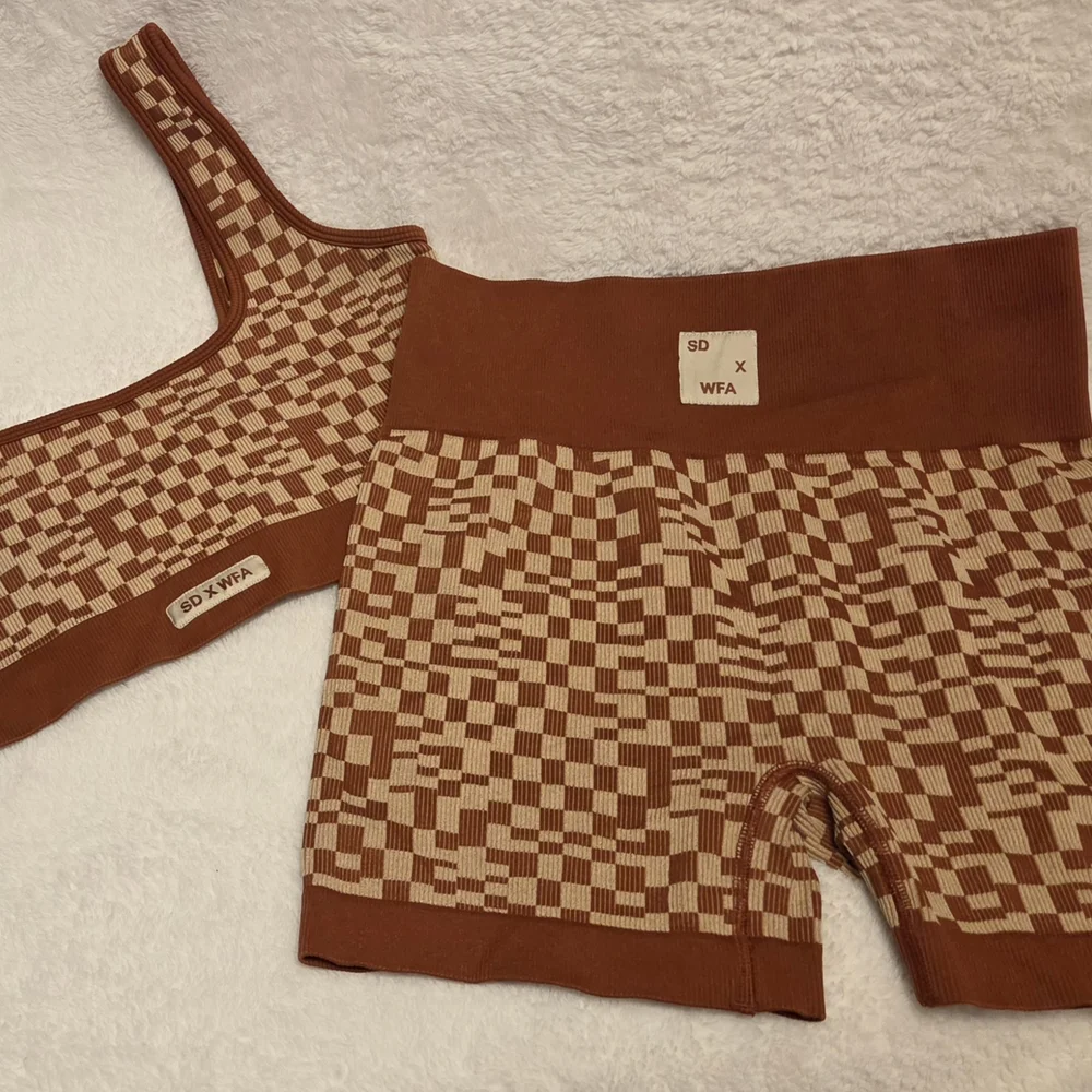 SD X WFB Brown and Tan Patterned Activewear Set. Top XL Shorts L